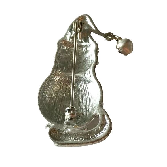 Vtg Santa Christmas Kitty Cat Brooch Pin Red Hat Scarf Bell Silver Plated Enamel - Picture 4 of 9